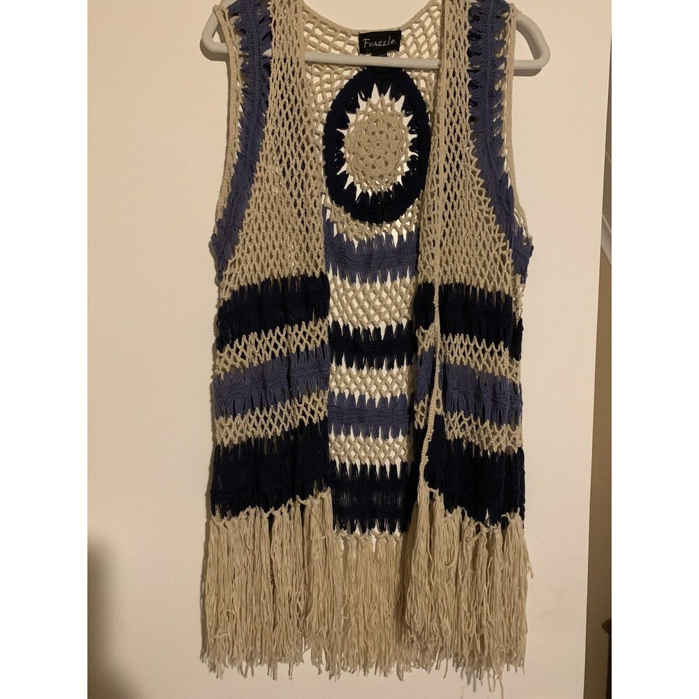 Frazzle Boho Macramé Crochet Bohemian Hippie Fringe Long Vest Blue & Creme